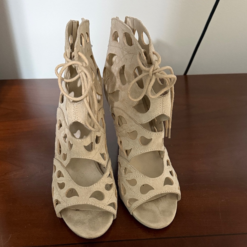 Aldo Beige Suede Cutout Lace-Up Heels